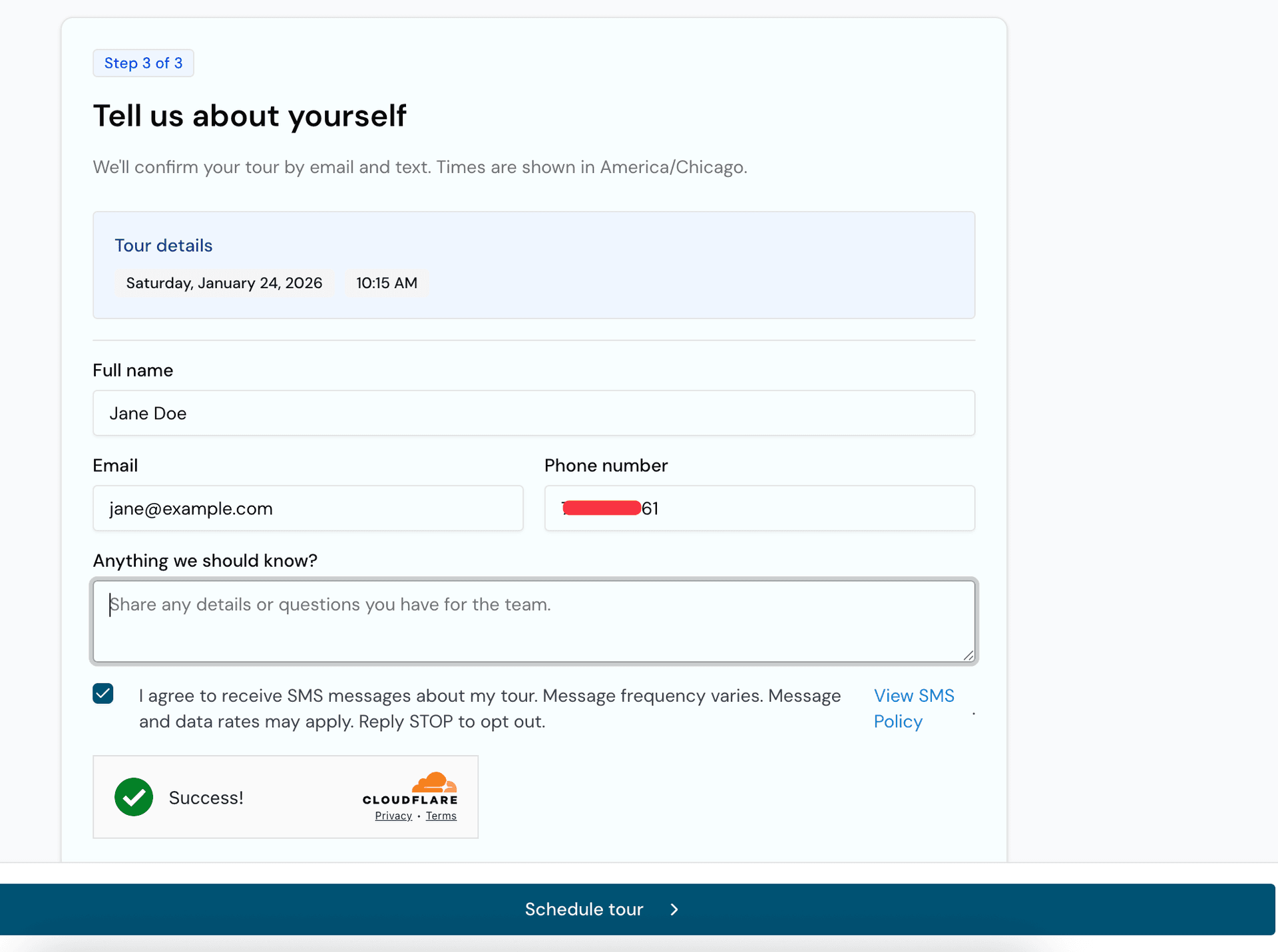 Example of SMS consent checkbox on tour scheduling form