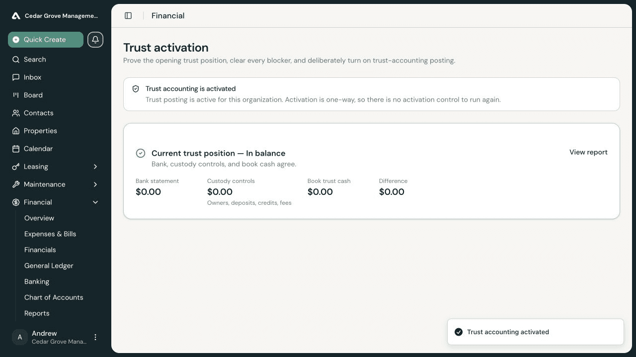AveryIQ trust accounting dashboard showing an in-balance trust position
