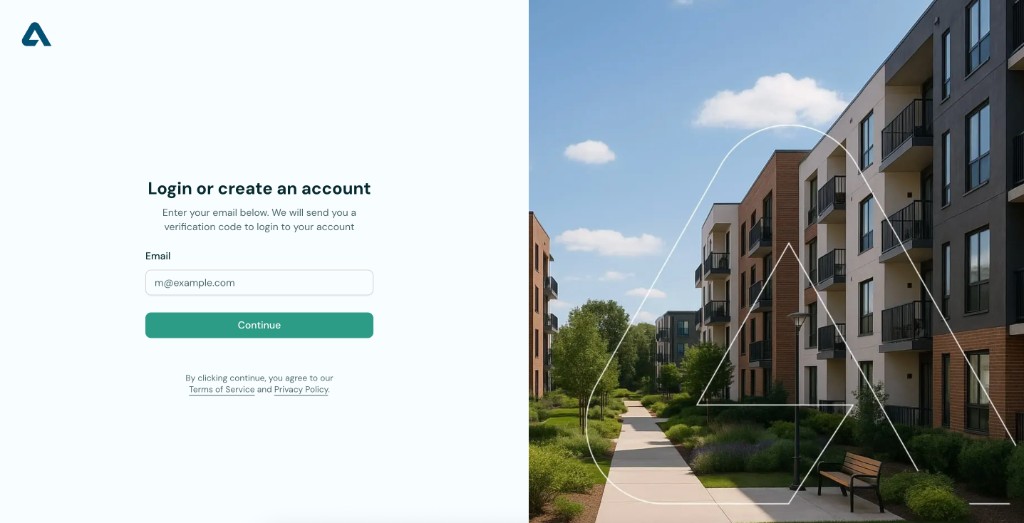 Resident portal sign-in screen with the email field and Continue button.