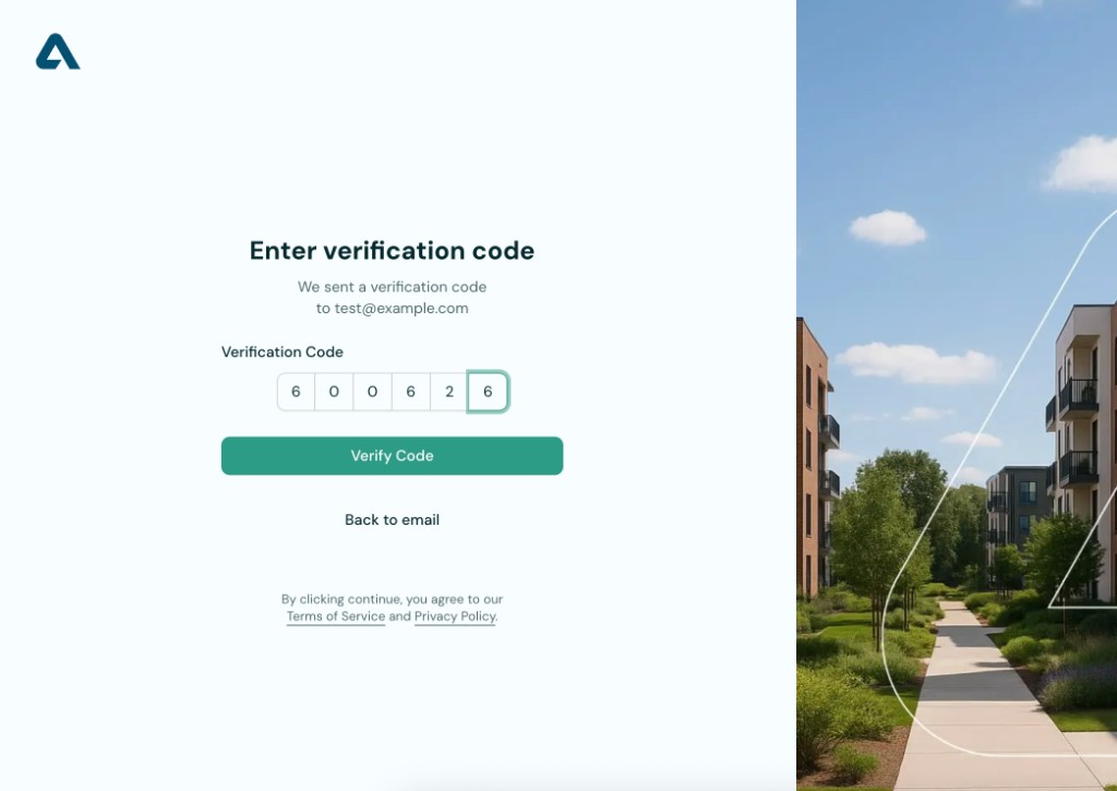 Resident portal screen with the verification code entered and the Verify Code button visible.