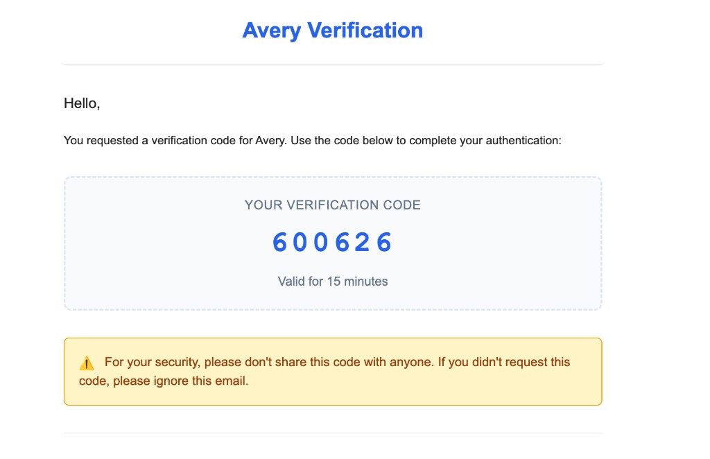 Verification email from AveryIQ showing a six-digit authentication code.