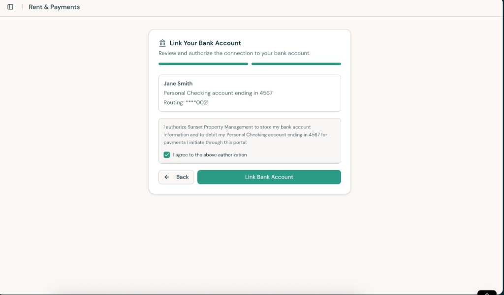 Bank account review screen with account summary, authorization checkbox, and Link Bank Account button.