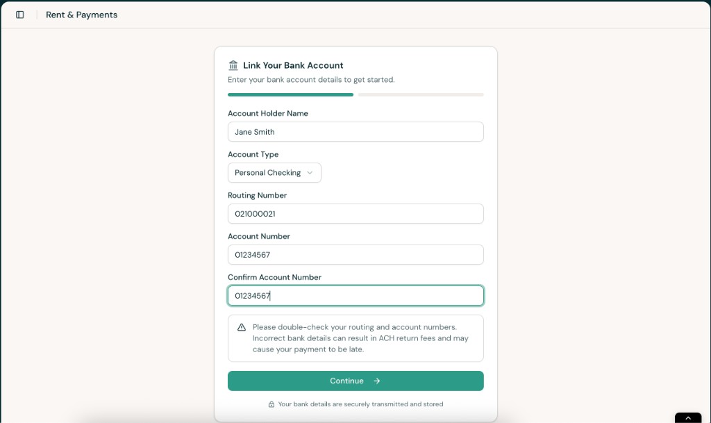 Link Your Bank Account form with fields for account holder name, account type, routing number, and account number.