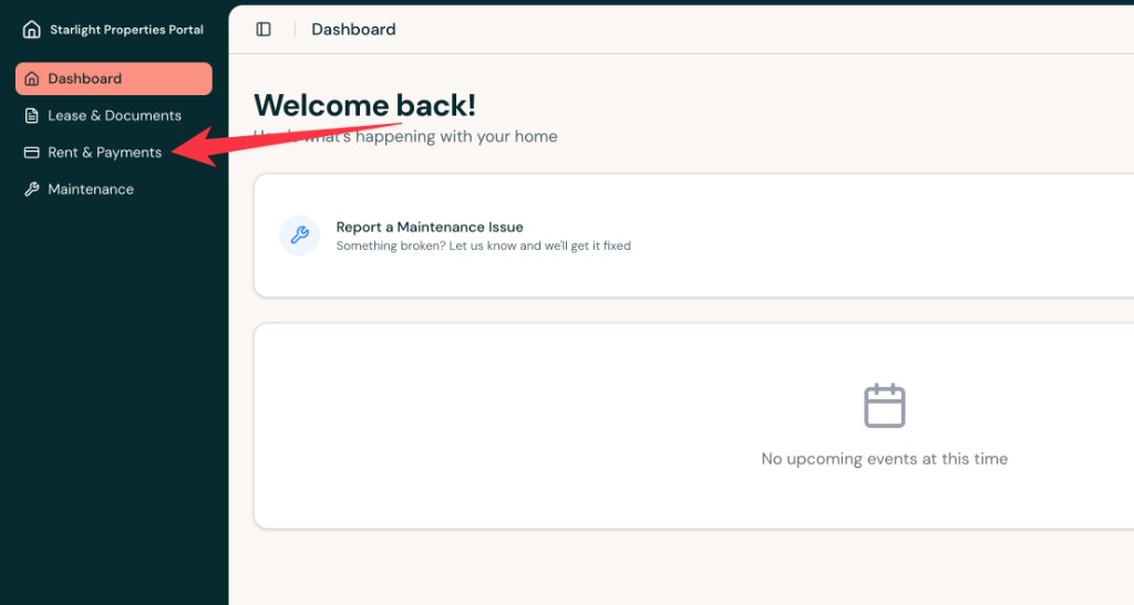 Resident portal dashboard with Rent & Payments highlighted in the left navigation.