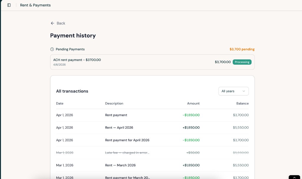 Payment history page showing pending payments and a table of past transactions.