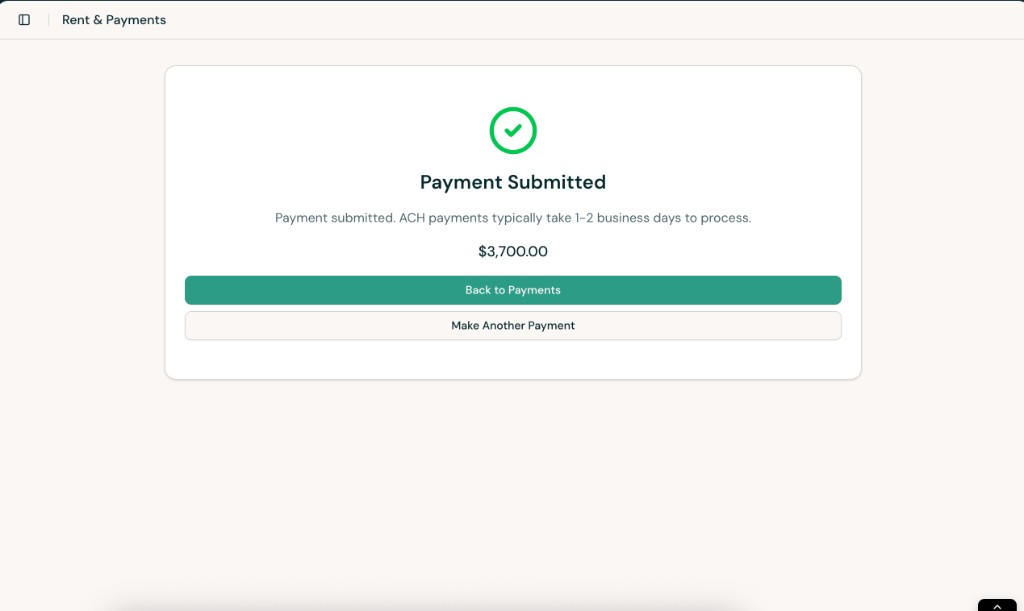 Payment Submitted confirmation screen after a one-time payment is sent.