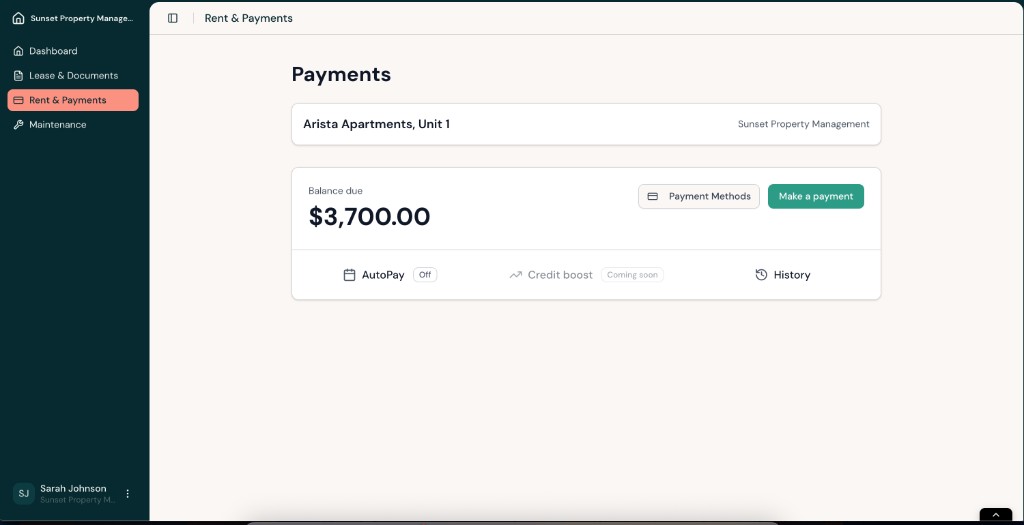 Rent & Payments overview showing the balance due, Payment Methods button, and Make a payment button.