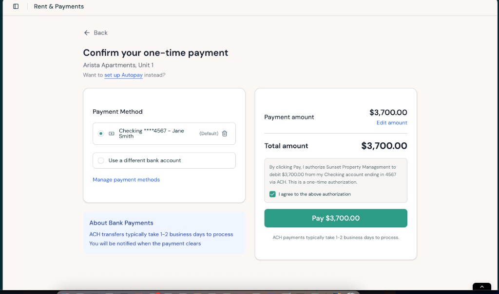 Confirm your one-time payment screen showing the selected bank account, payment amount, authorization checkbox, and Pay button.
