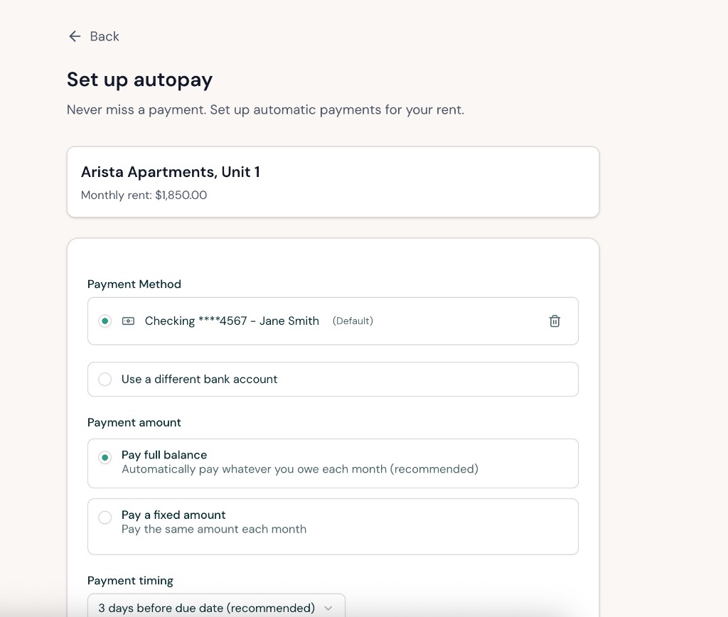 Autopay setup screen with payment method, payment amount options, and payment timing settings.