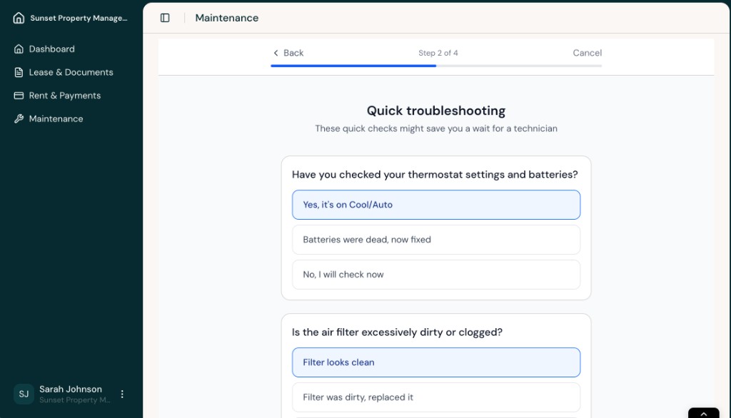 Maintenance troubleshooting screen with multiple answer choices for an HVAC issue.