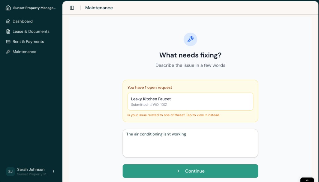 New maintenance request screen with a related open request card above the issue description field.