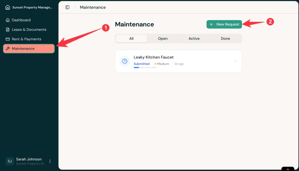 Maintenance section of the resident portal with the New Request button visible near the top of the page.
