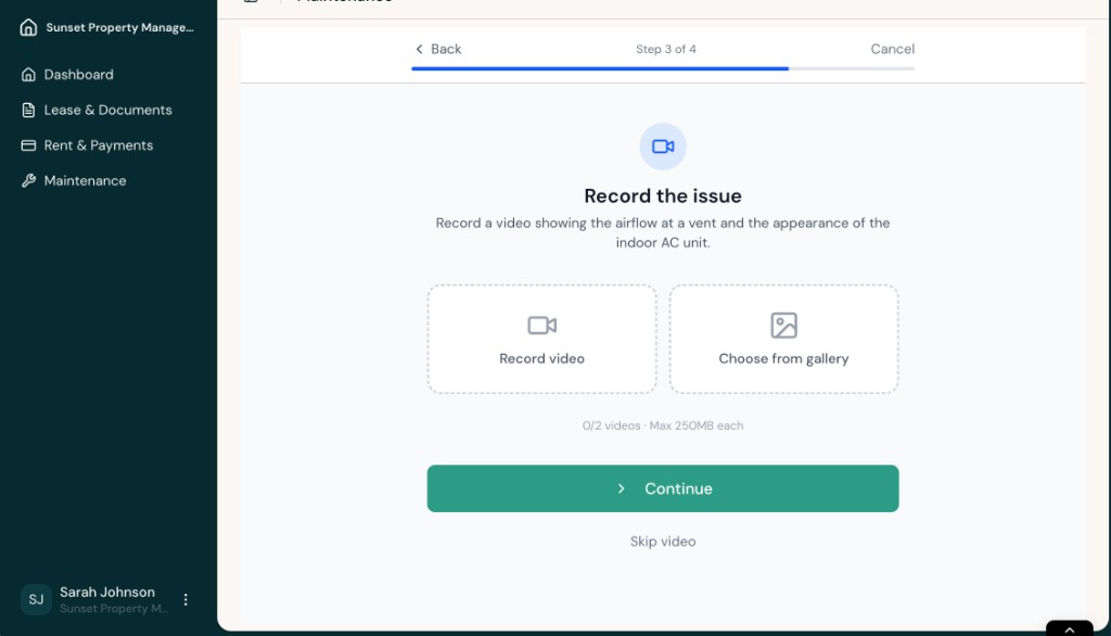 Record the issue step with options to record a video or choose one from the gallery.