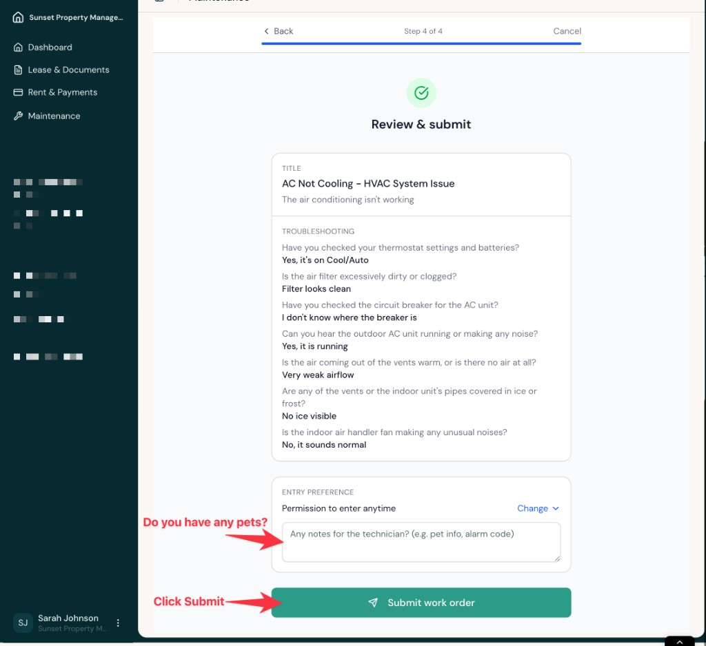 Review and submit screen showing the request summary, technician notes field, and Submit work order button.