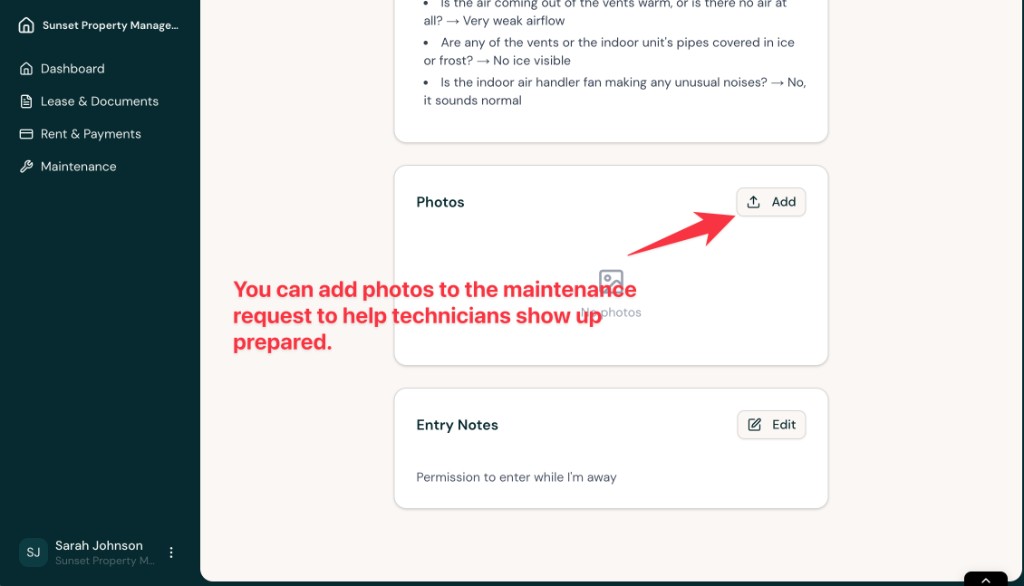 Photos section of a maintenance request with an Add button, followed by an Entry Notes section below it.