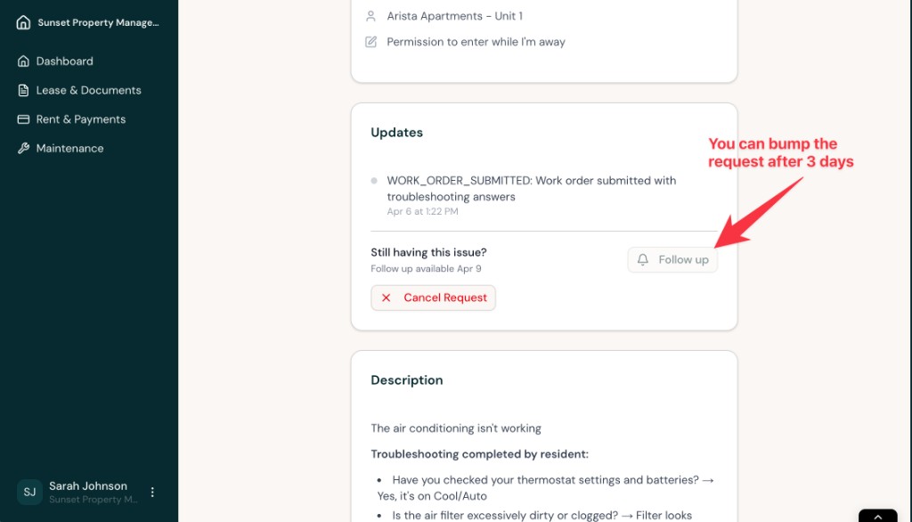 Updates section of a maintenance request showing a submitted update, Follow up button, and Cancel Request button.