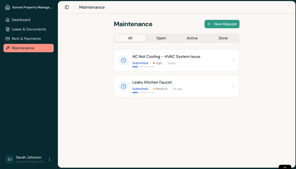Maintenance page showing a list of work orders, including an AC request and a faucet request.