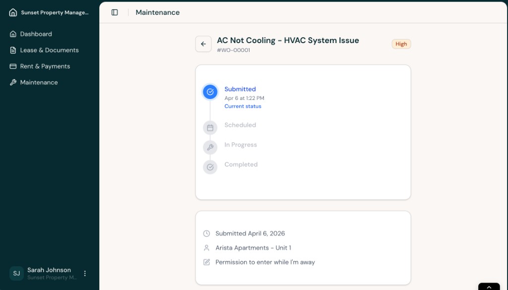Maintenance request details page with a status timeline showing Submitted as the current status.