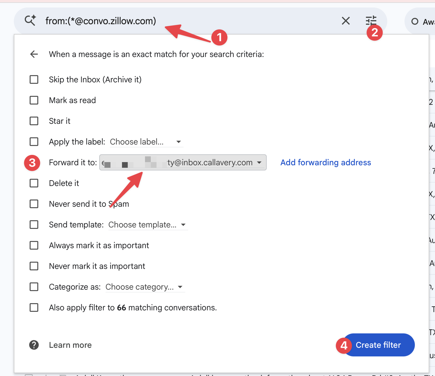 Gmail filter configured to forward messages from Zillow's conversation domain to an AveryIQ Smart Inbox.