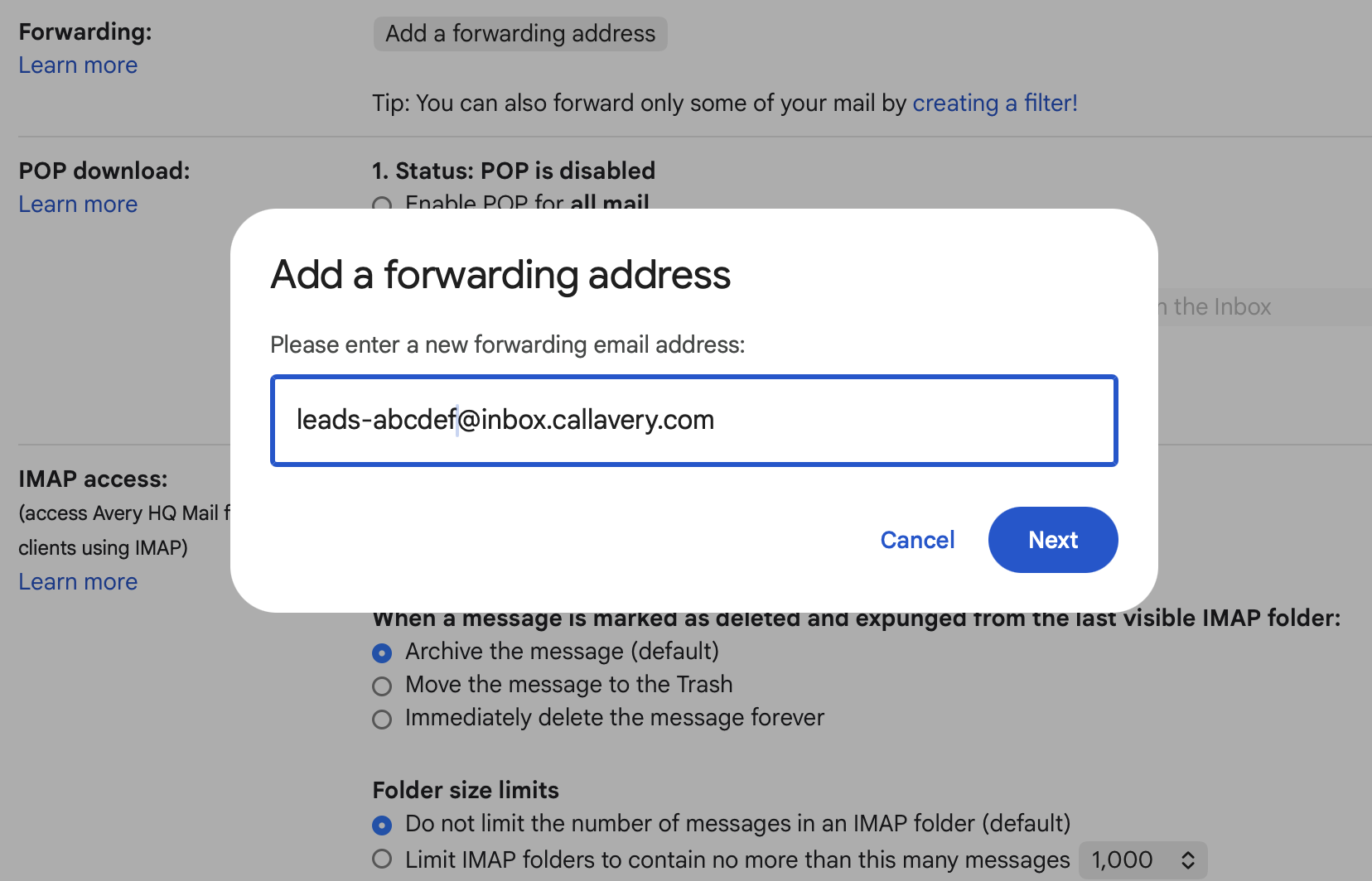 Gmail Add a forwarding address dialog with an AveryIQ Smart Inbox address entered.
