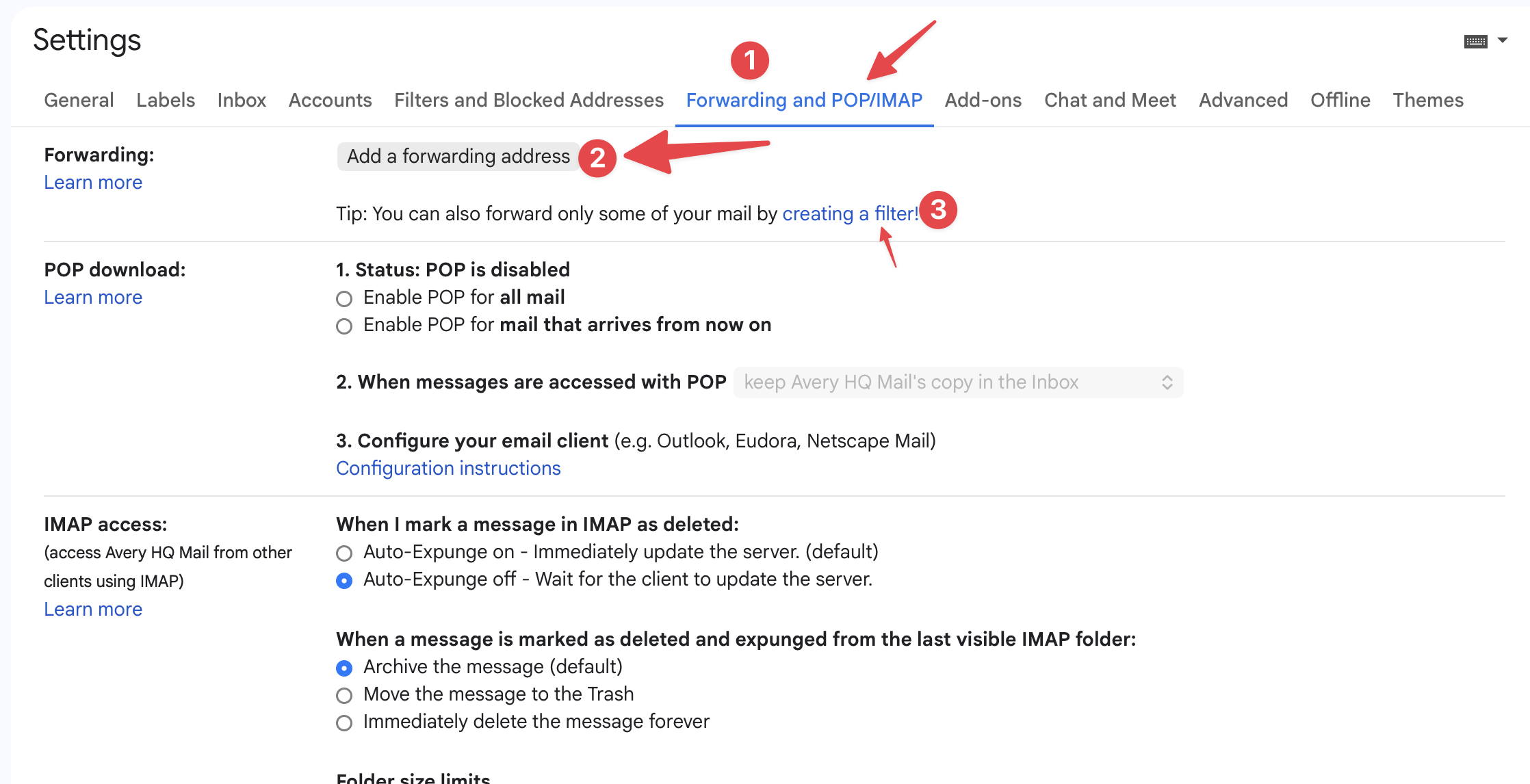 Gmail settings with the Forwarding and POP/IMAP tab and Add a forwarding address button highlighted.