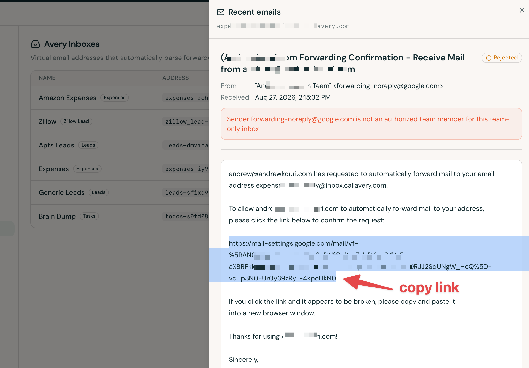 AveryIQ Recent emails panel showing an expanded Gmail forwarding confirmation message and its confirmation link.