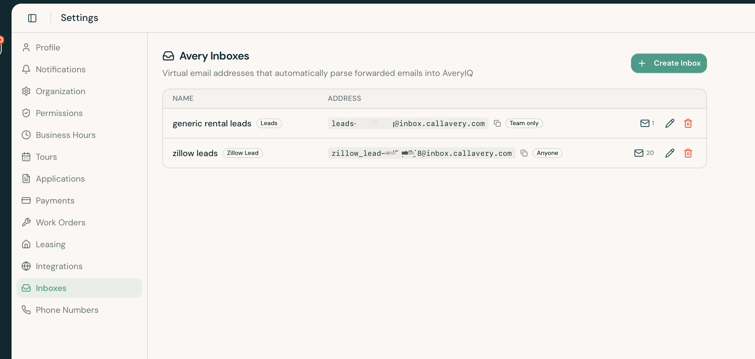 AveryIQ Settings page showing several Smart Inboxes, their generated email addresses, sender permissions, and recent-email icons.