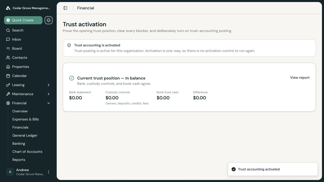 Trust activation page confirming that trust accounting is active and the current trust position is in balance.