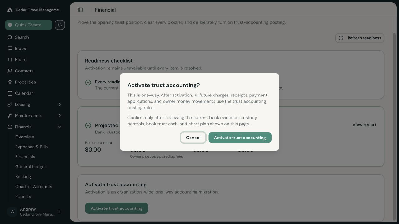One-way trust-accounting activation confirmation describing the posting rules that will apply after activation.