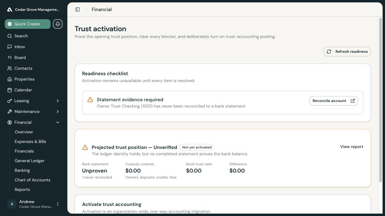 Trust activation page blocked because Owner Trust Checking has never been reconciled to a bank statement.
