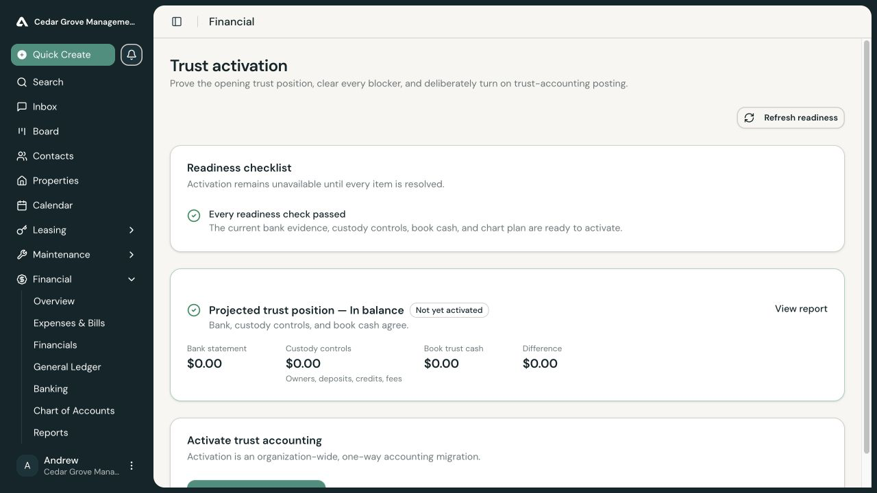 Trust activation page with every readiness check passed and the projected trust position in balance.