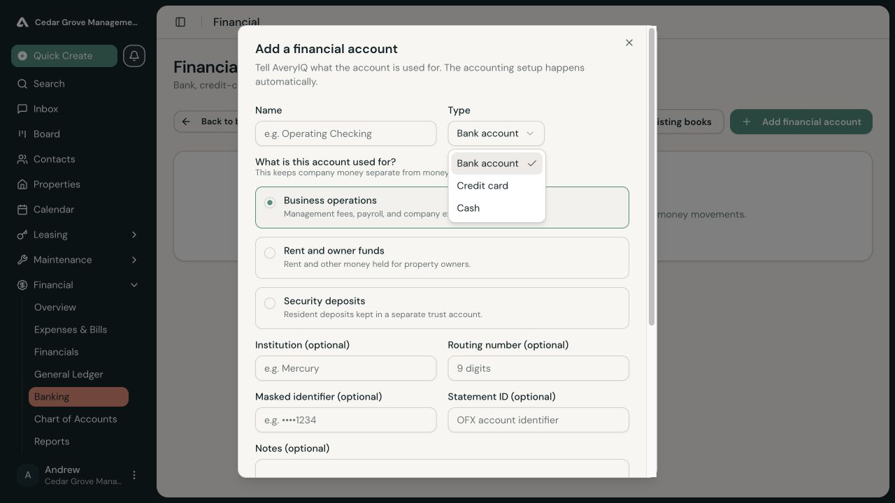 Add a financial account dialog showing Bank account, Credit card, and Cash type choices and the available account purposes.