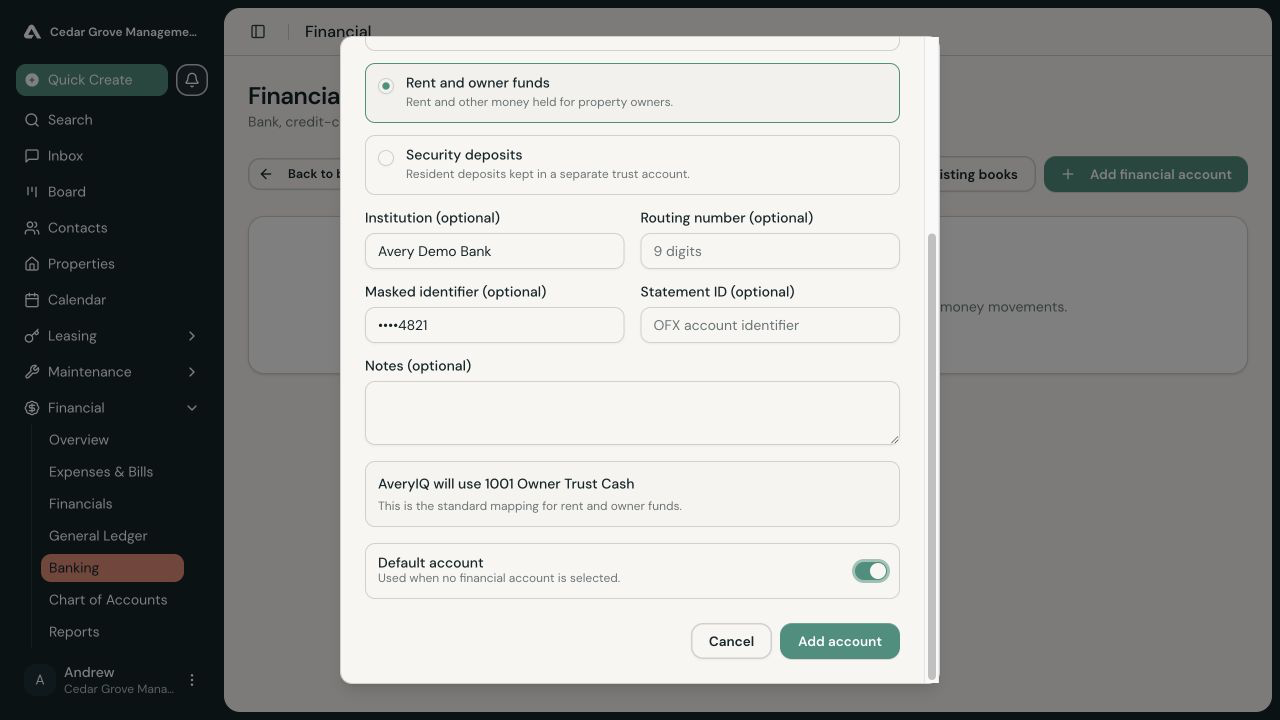 Completed Owner Trust Checking account form with rent and owner funds selected, the recommended Owner Trust Cash mapping, and Default account enabled.