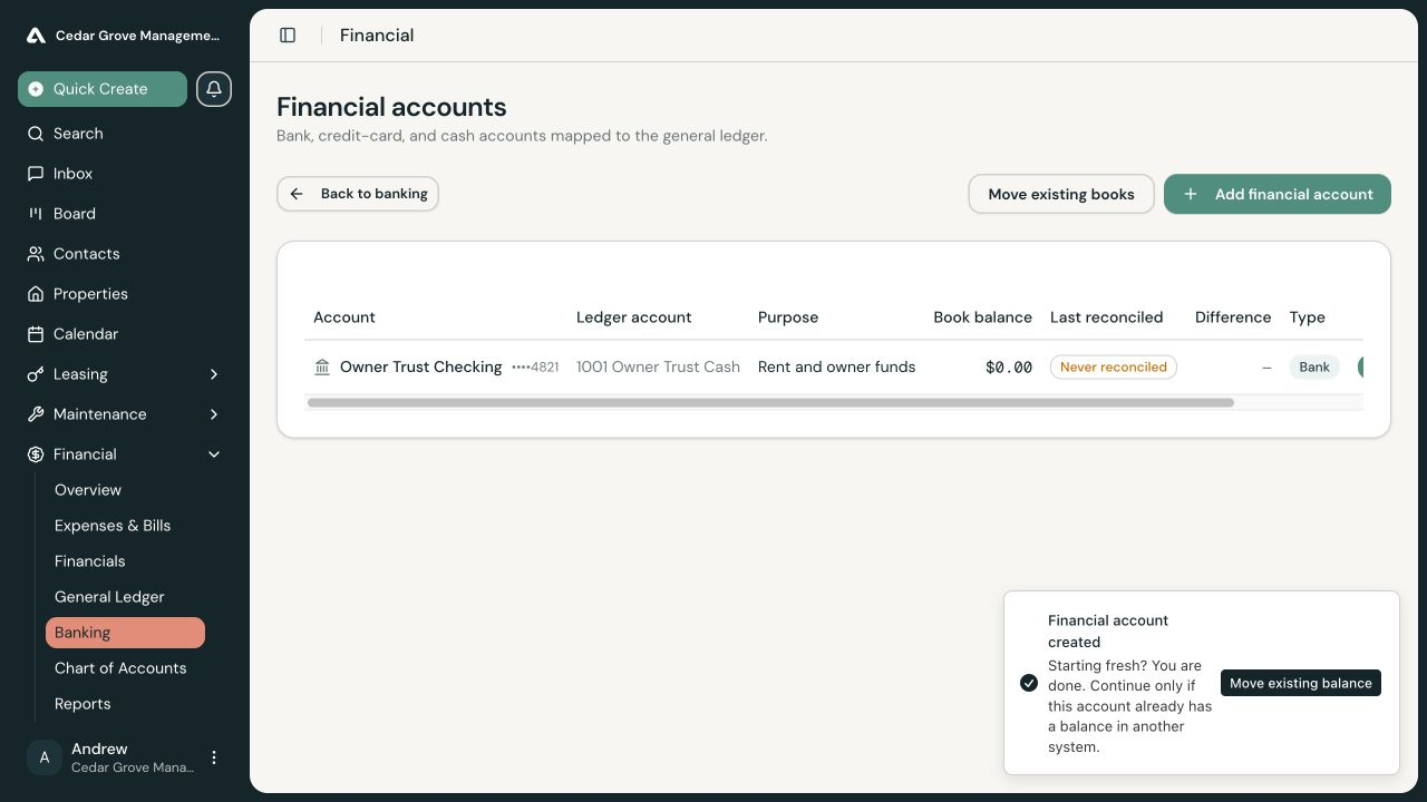 Financial accounts table showing the newly created Owner Trust Checking account, ledger mapping, purpose, balance, and default status.