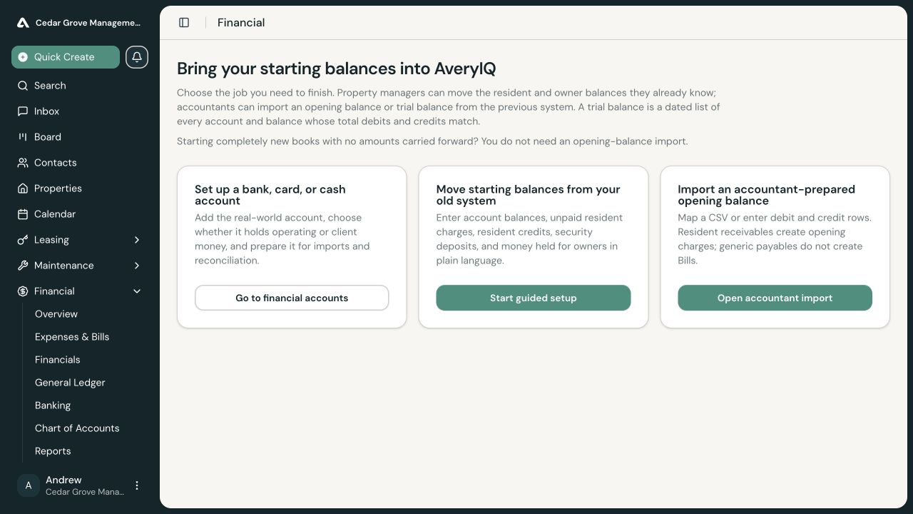 Opening Balances page with choices to set up a financial account, move starting balances, or import an accountant-prepared opening balance.