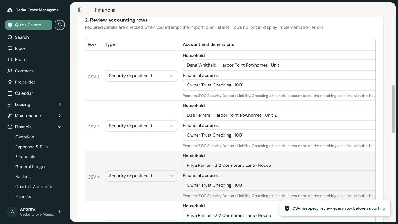 Mapped accountant import with accounting rows for security deposits, resident credits, owner funds, and a resident receivable.