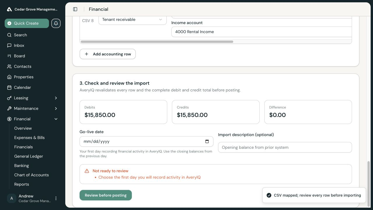 Accountant opening-balance totals showing equal debits and credits of $15,850 and a zero-dollar difference.