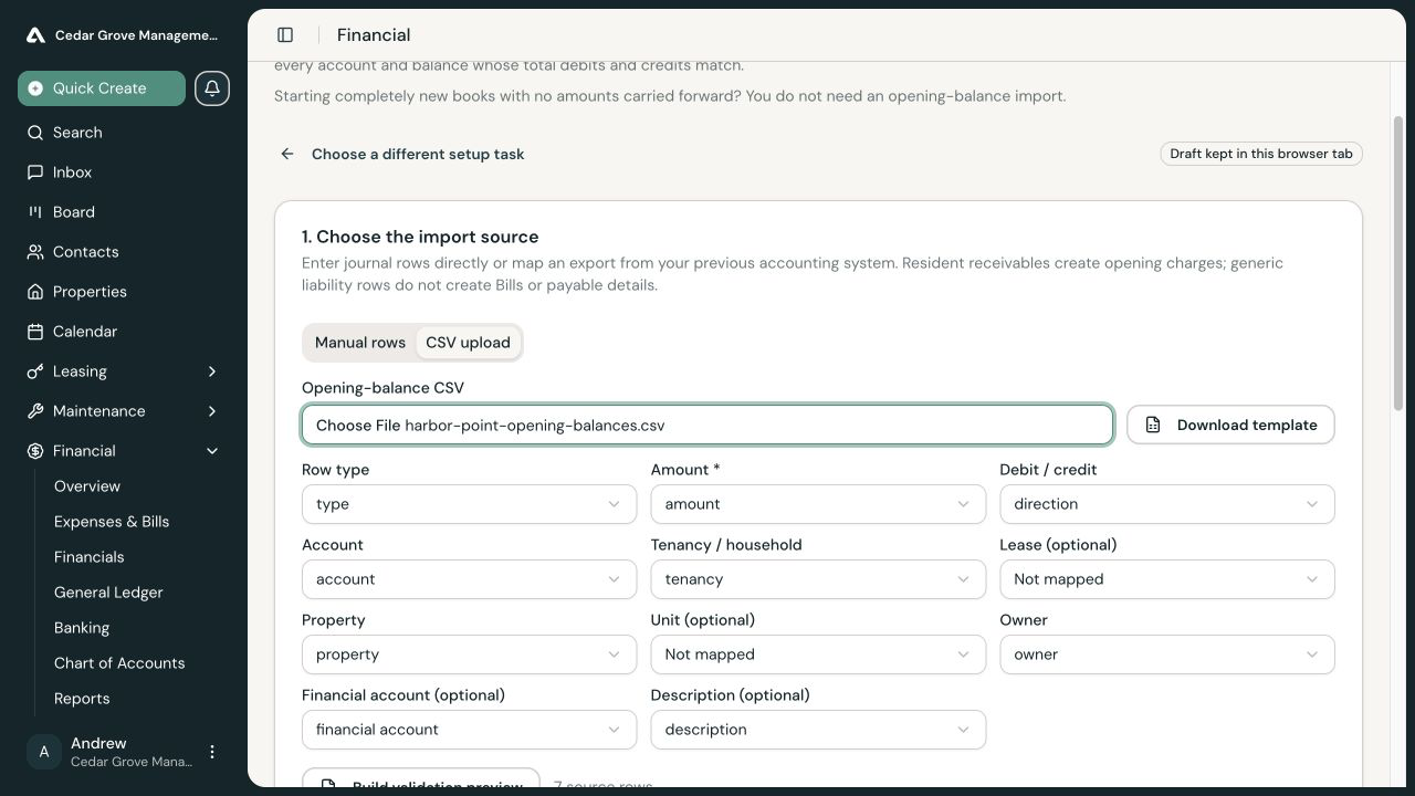 Opening-balance CSV mapping controls for row type, amount, direction, account, dimensions, financial account, and description.