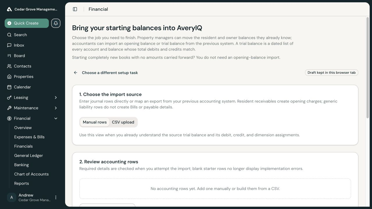 Accountant opening-balance import showing Manual rows and CSV upload source choices.