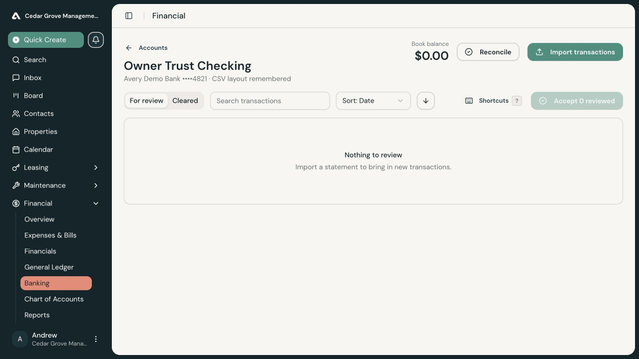 Owner Trust Checking account register with its book balance, Reconcile link, Import transactions button, and For review tab.