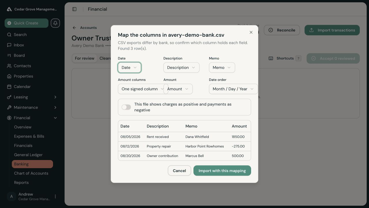 CSV mapping dialog with date, description, memo, amount, and date-order fields and a three-row transaction preview.