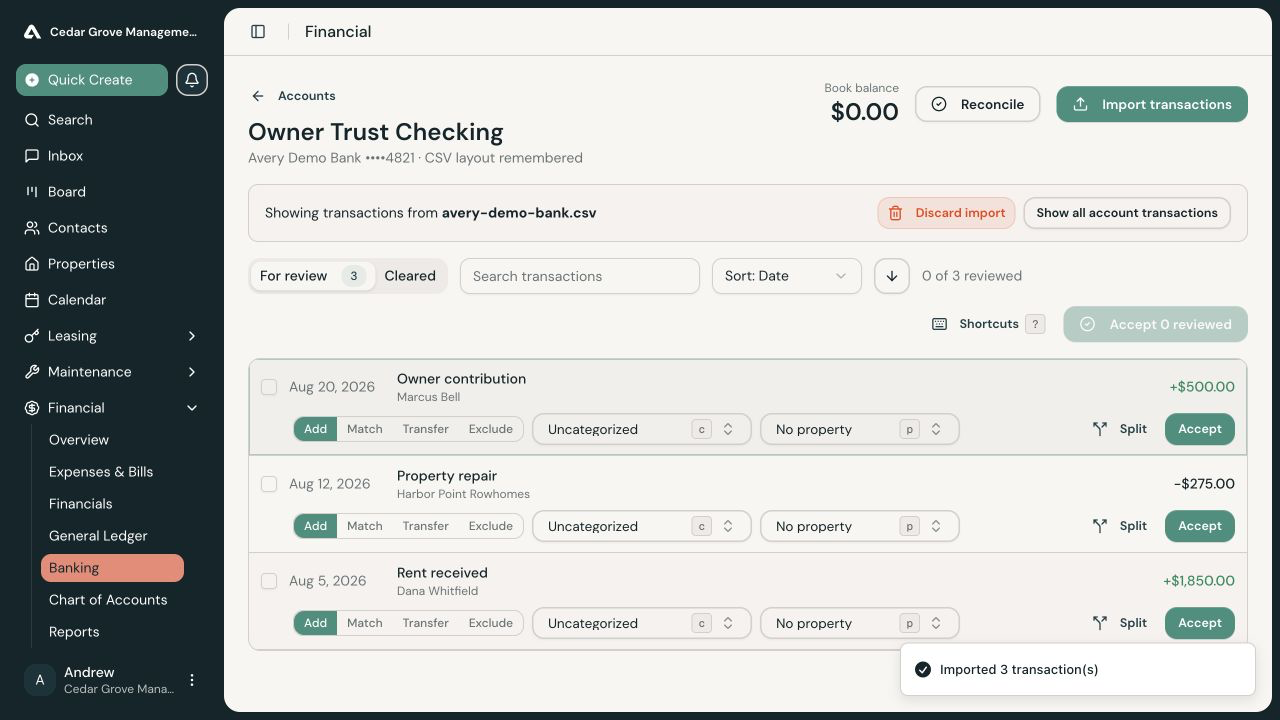 For review register with imported transactions and Add, Match, Transfer, Exclude, category, property, Split, and Accept controls.