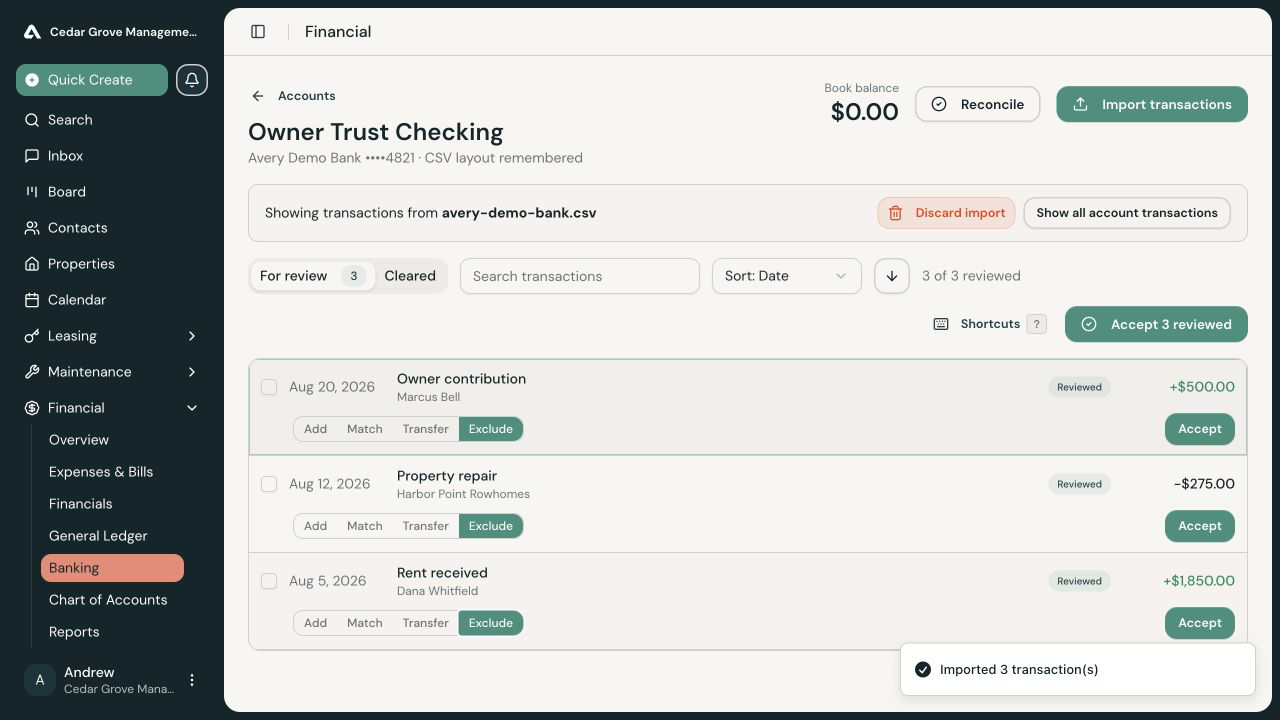 Three imported transactions marked Reviewed with the Accept 3 reviewed button available.