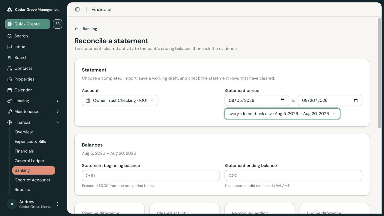 Statement reconciliation setup with account, imported statement period, beginning balance, ending balance, and Start draft button.