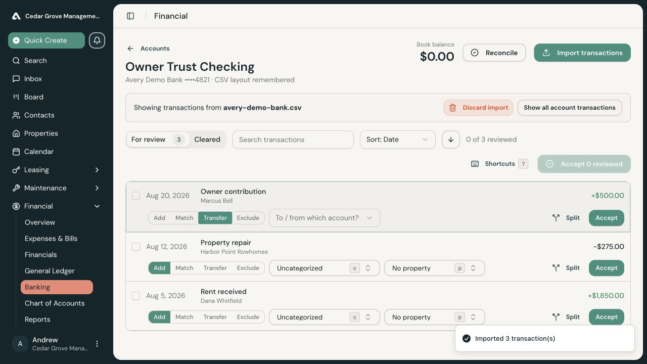 Imported owner contribution with Transfer selected and a destination-account control visible.
