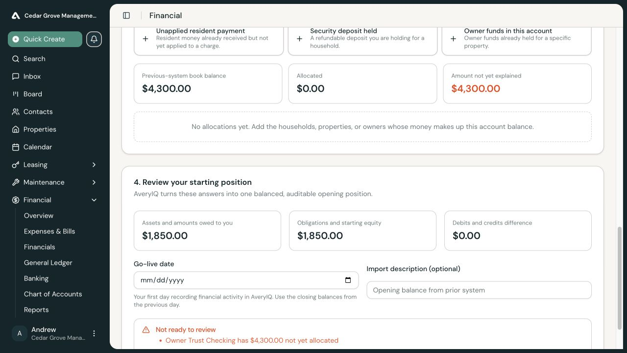 Owner Trust Checking selected with its previous-system book balance and trust allocation choices visible.