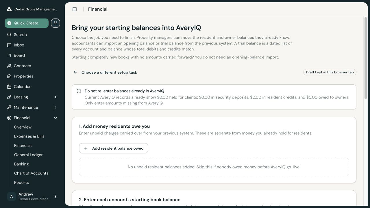 Guided opening-balance setup with sections for resident balances, financial-account balances, trust allocations, and starting-position review.