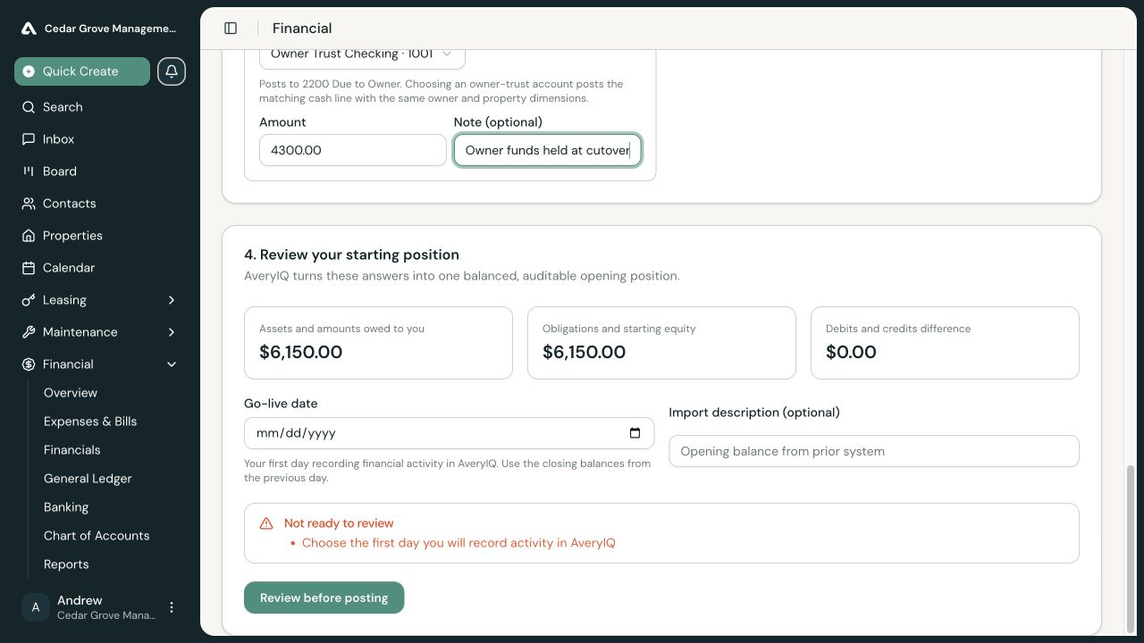 Guided opening balance showing a completed owner-funds allocation and a balanced starting position with a zero-dollar difference.