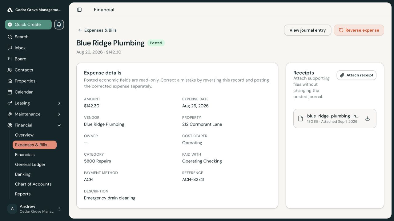 Posted Blue Ridge Plumbing expense detail with amount, date, property, Repairs category, Operating Checking account, ACH reference, and attached receipt.