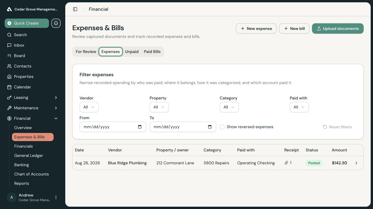 Expenses view with filters and a posted Blue Ridge Plumbing expense showing its property, category, paying account, receipt count, and amount.